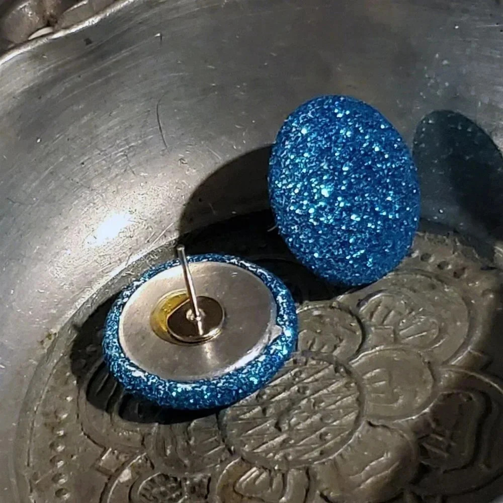 Retro 80s Club Glam Disco Sparkly Turquoise Blue Fabric Button Earrings - Picture 9 of 10